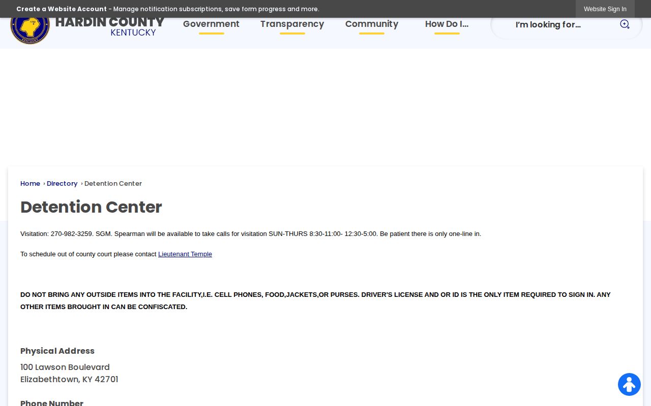 Official Hardin County Detention Center directory entry