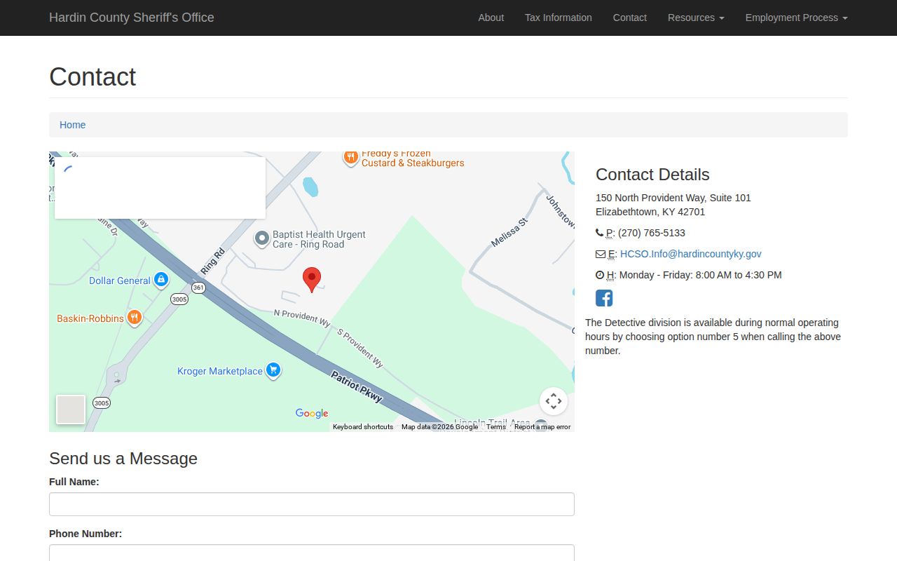 Hardin County Sheriff contact page for routing arrest record requests