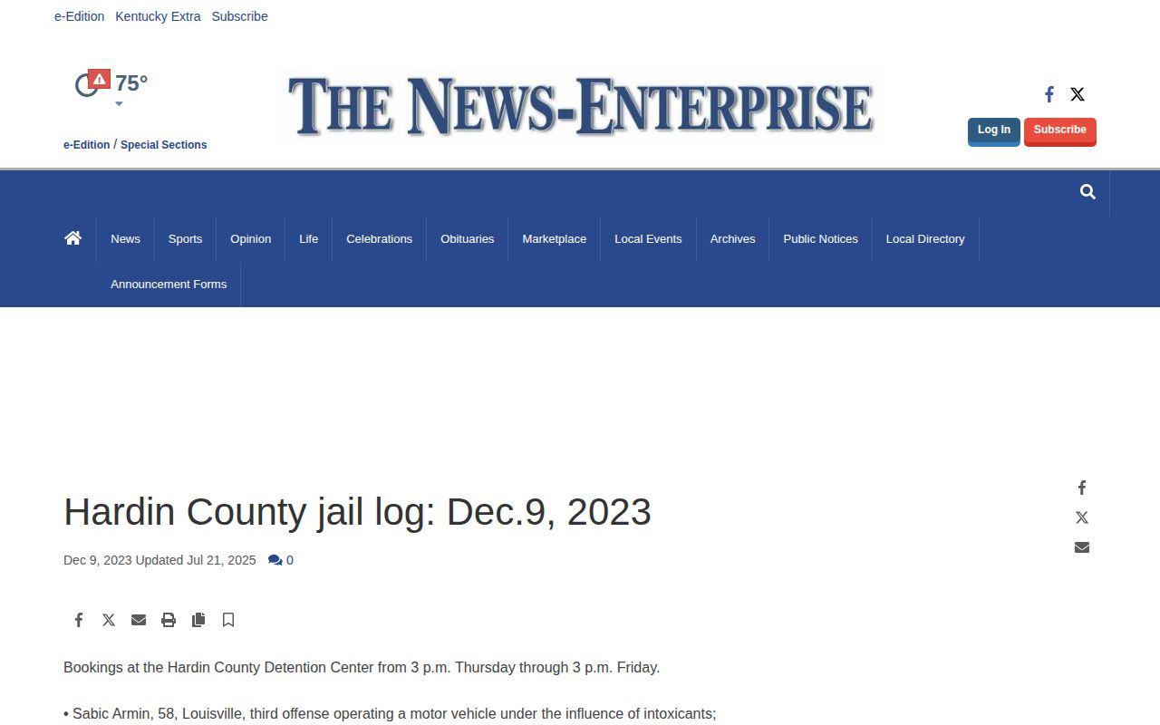 Archived News-Enterprise Hardin County jail log article