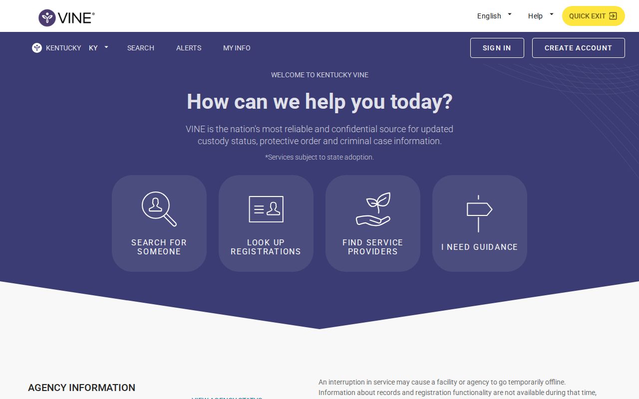 Kentucky-specific VINELink custody service page