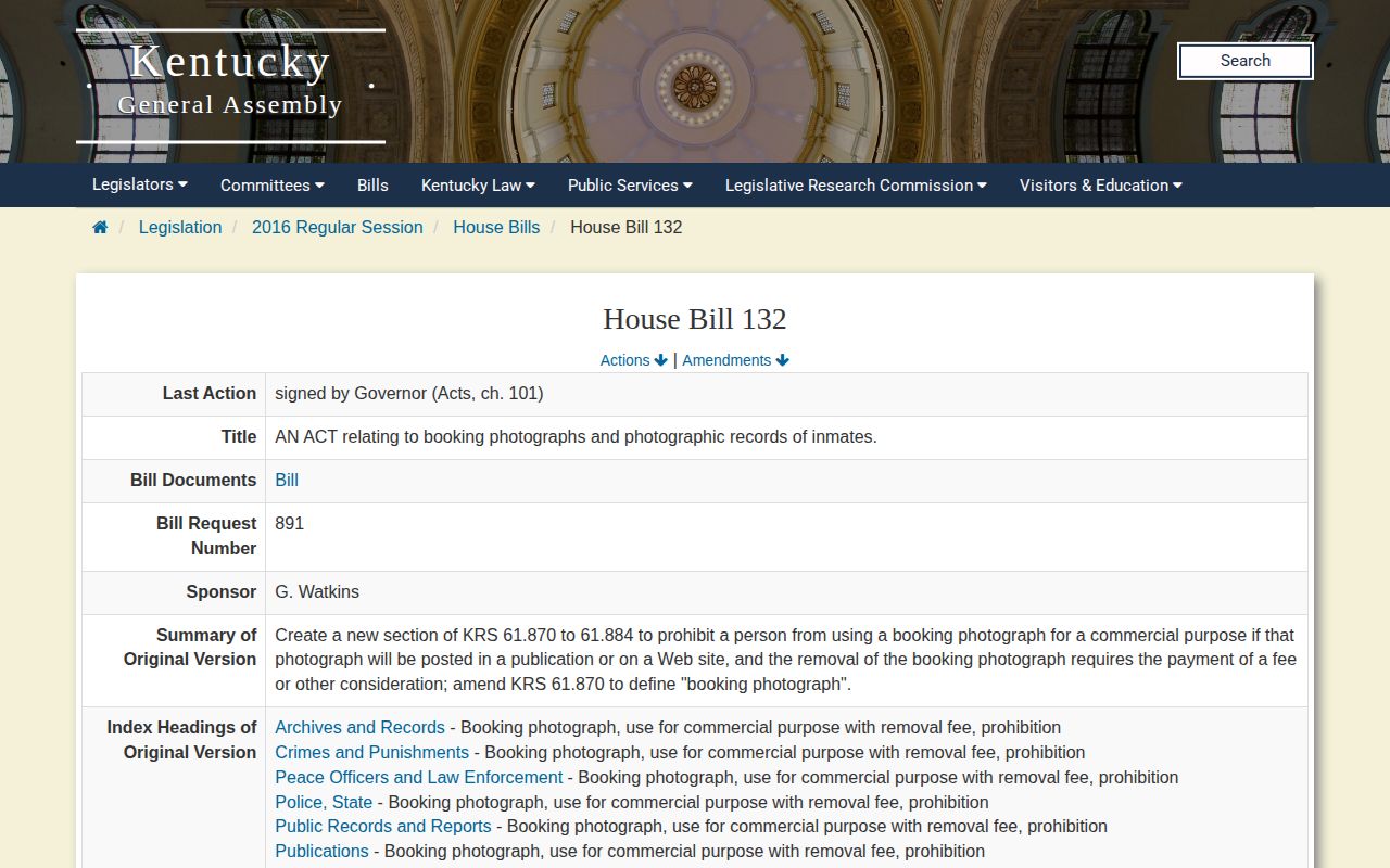 Kentucky General Assembly mugshot legislation page